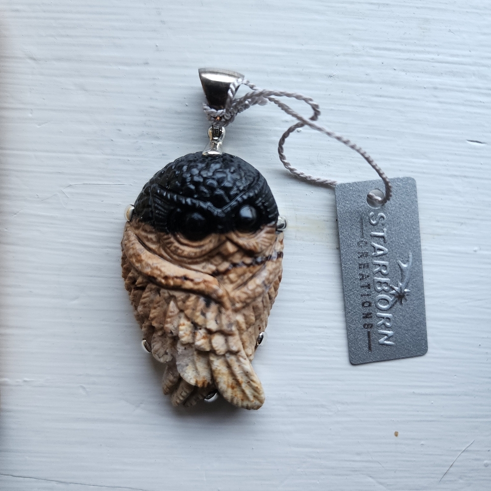 Black and Brown Owl Pendant Fossilized / Petrified Palm Wood